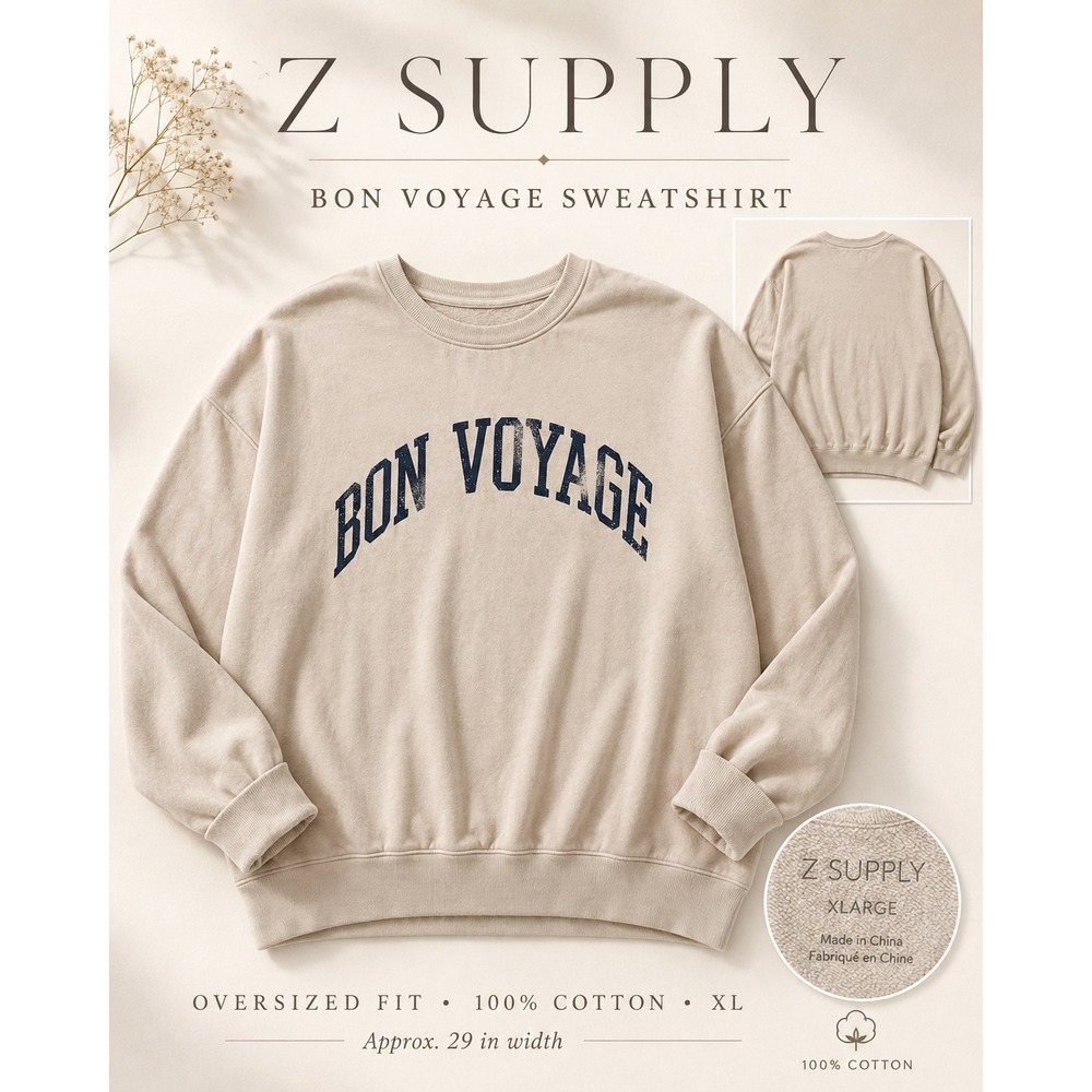 Z Supply Bon Voyage Oversized Sweatshirt XL Beige Navy Collegiate Coastal